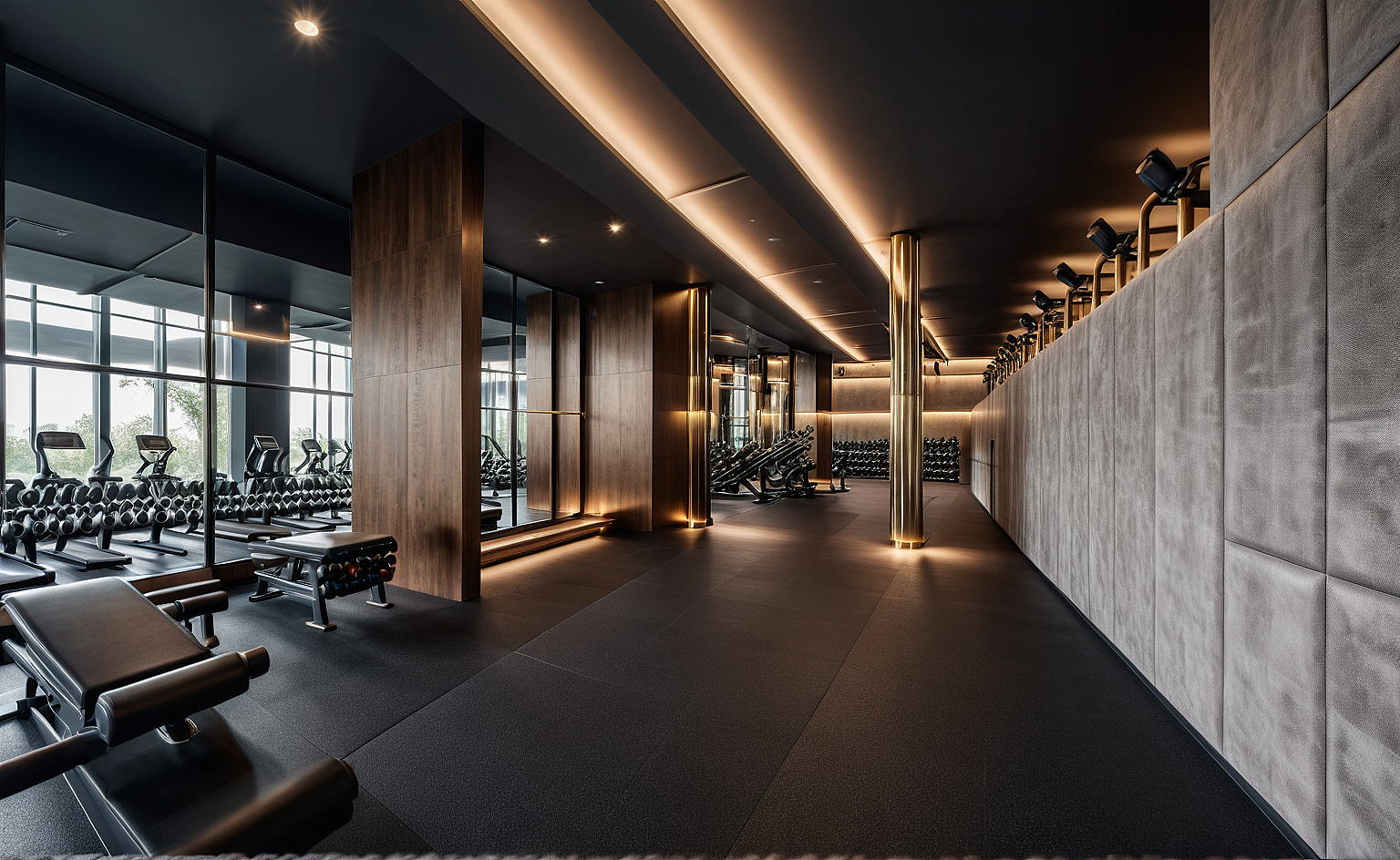 RUh Bulgaria — fitness suite, concrete wall and timber piers along the training floor