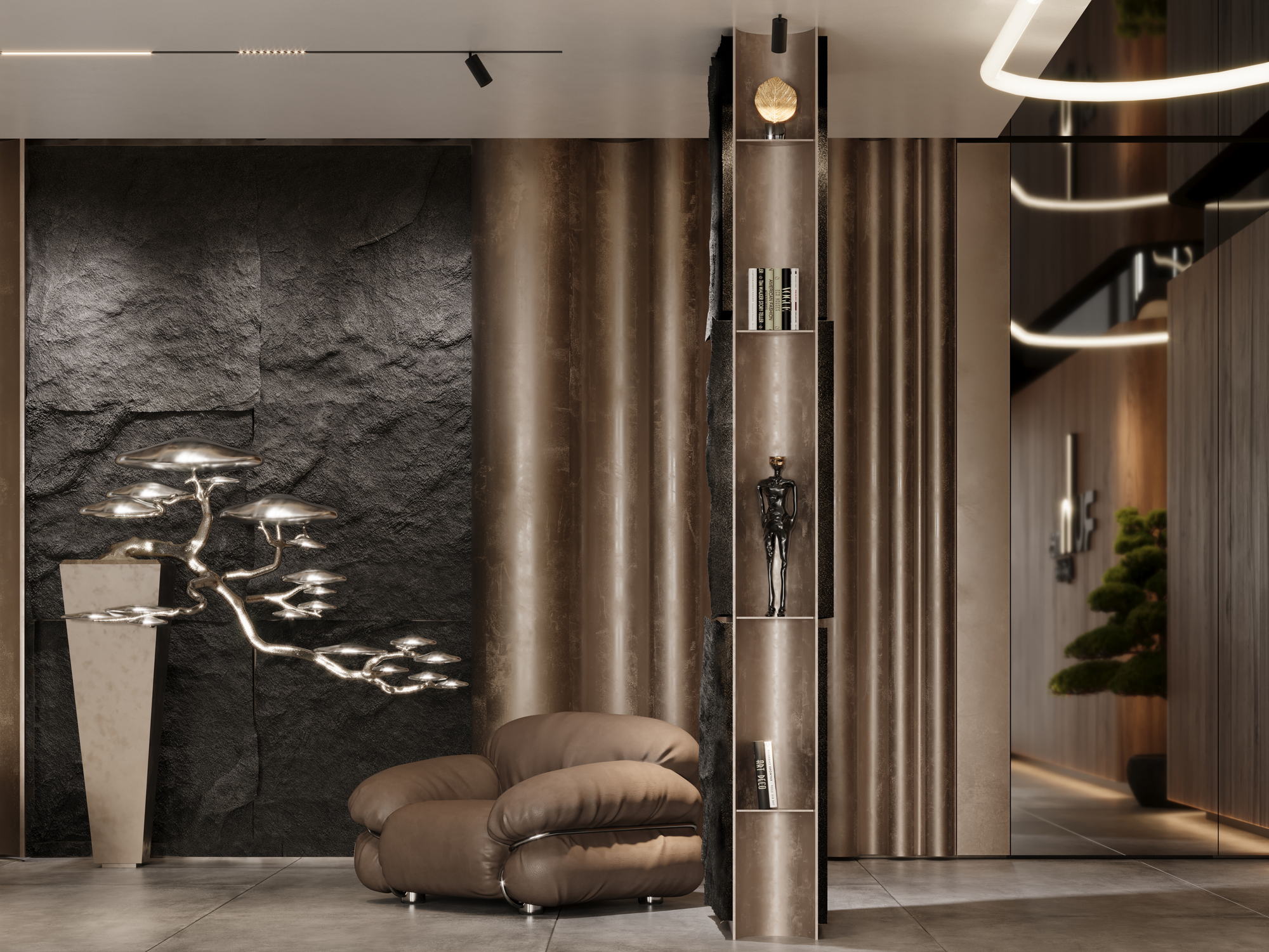 RUhomes Botanic Garden — lounge with a split-stone wall, bonsai sculpture and rounded seating