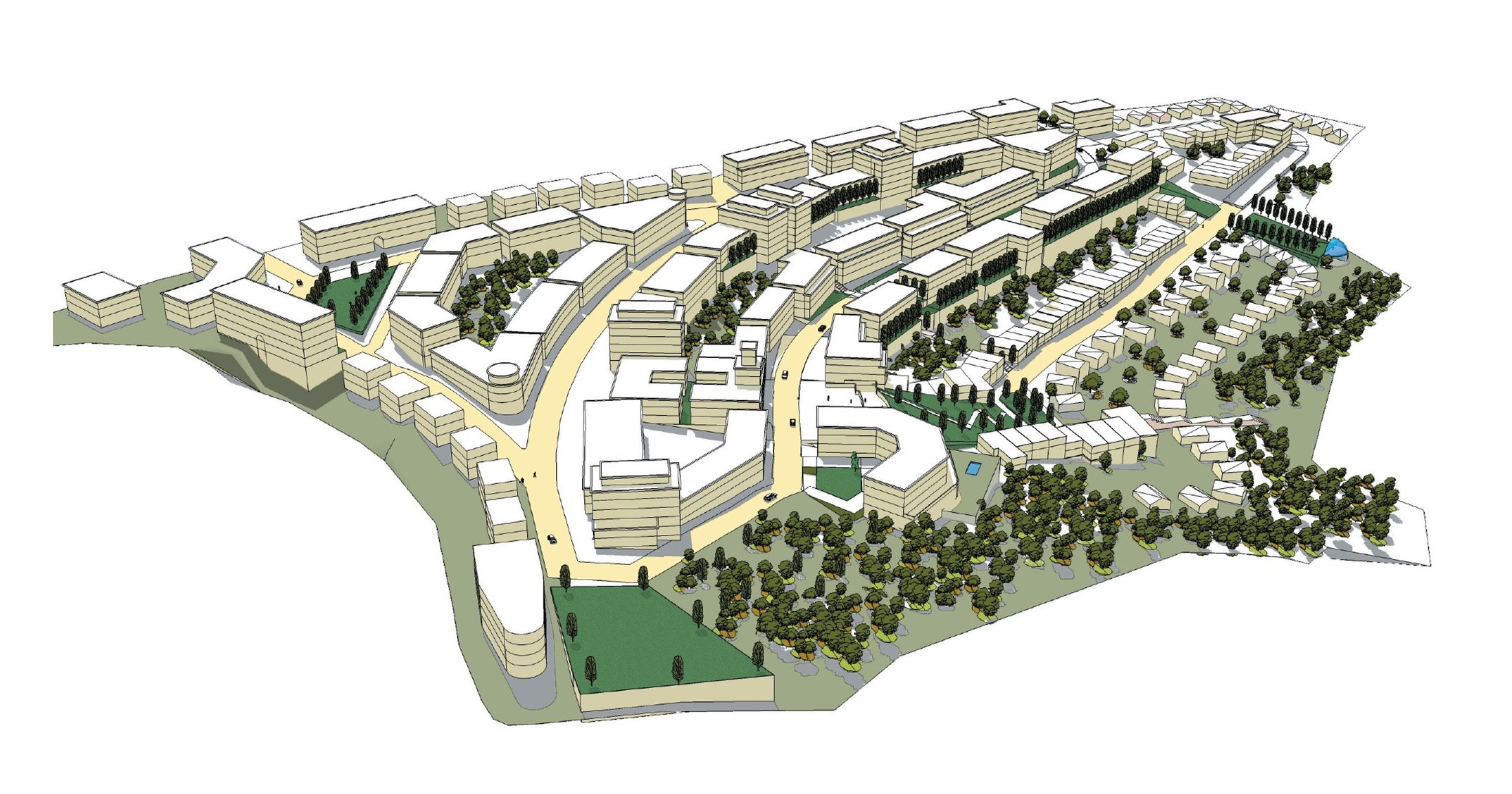 Panorama City — aerial model of the master plan, slender blocks following the ridgelines