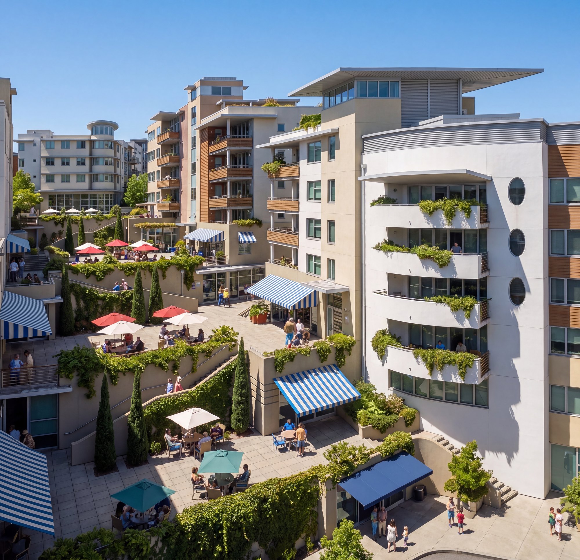 Panorama City — a terraced courtyard of café tables and parasols between planted balconies
