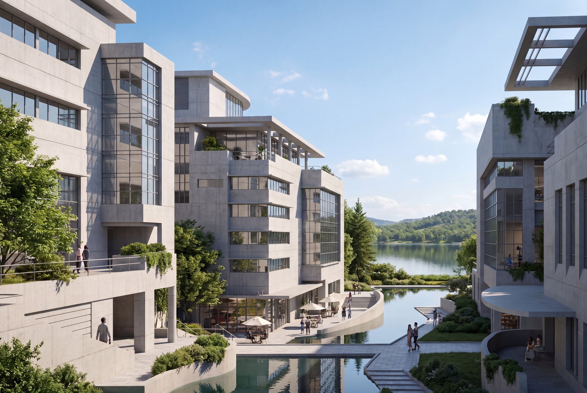 Panorama City — a water channel running between stone-clad buildings towards the coast