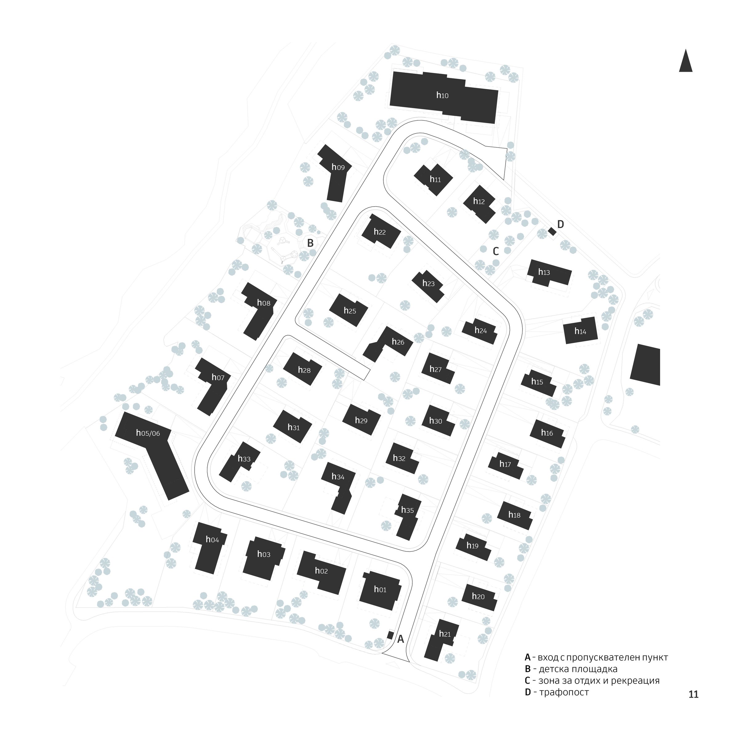 RUhomes Botanic Garden — site plan, the numbered plots around the loop road with the gatehouse, playground and recreation areas keyed