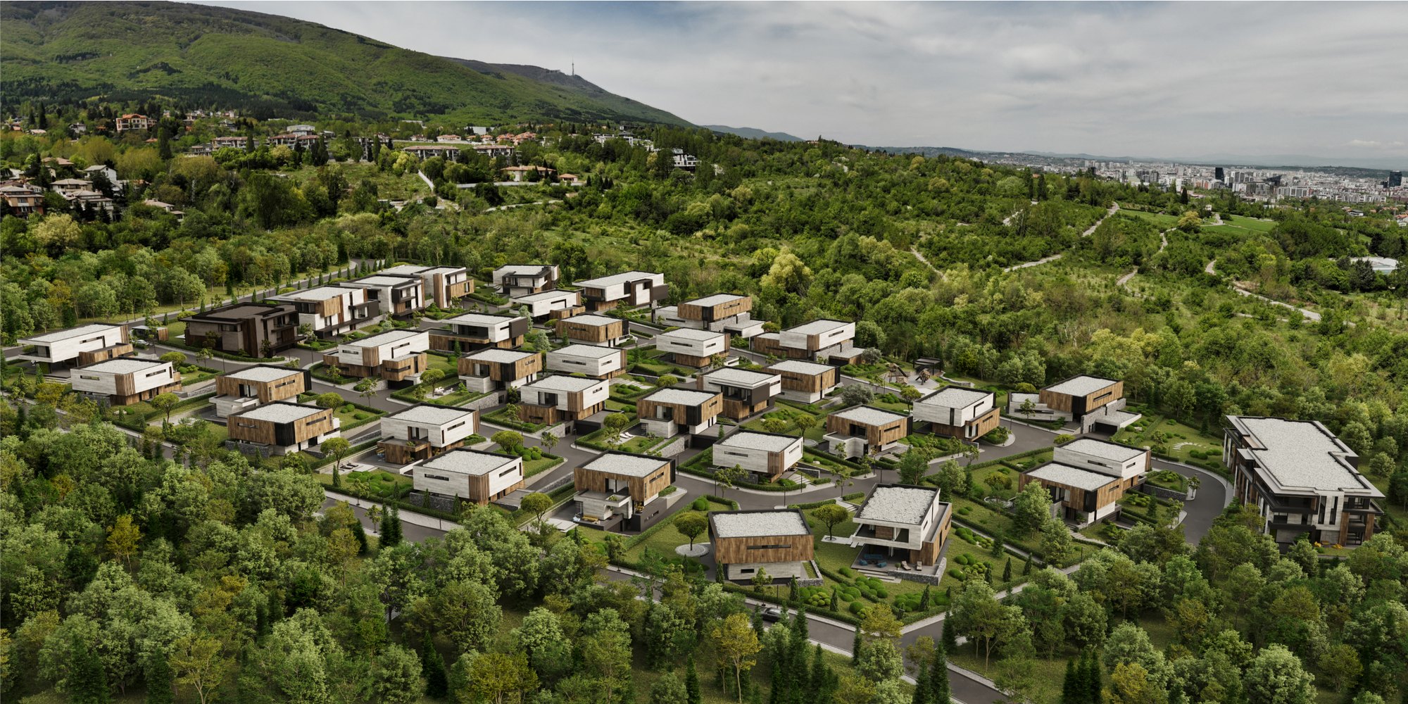 RUhomes Botanic Garden — the houses across the wooded slope, looking out over Sofia