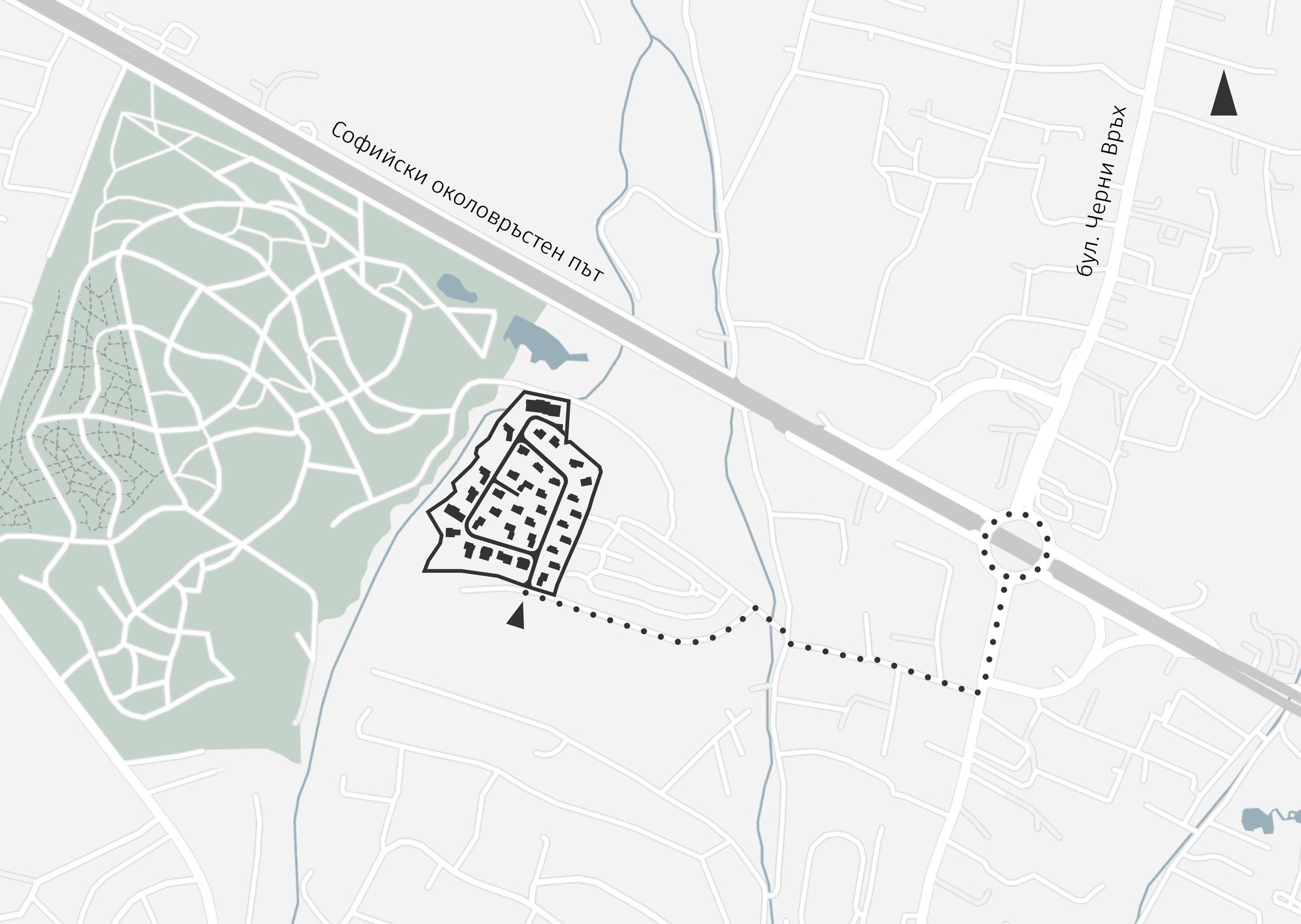 RUhomes Botanic Garden — location diagram, the site between the Botanical Garden and the Sofia Ring Road