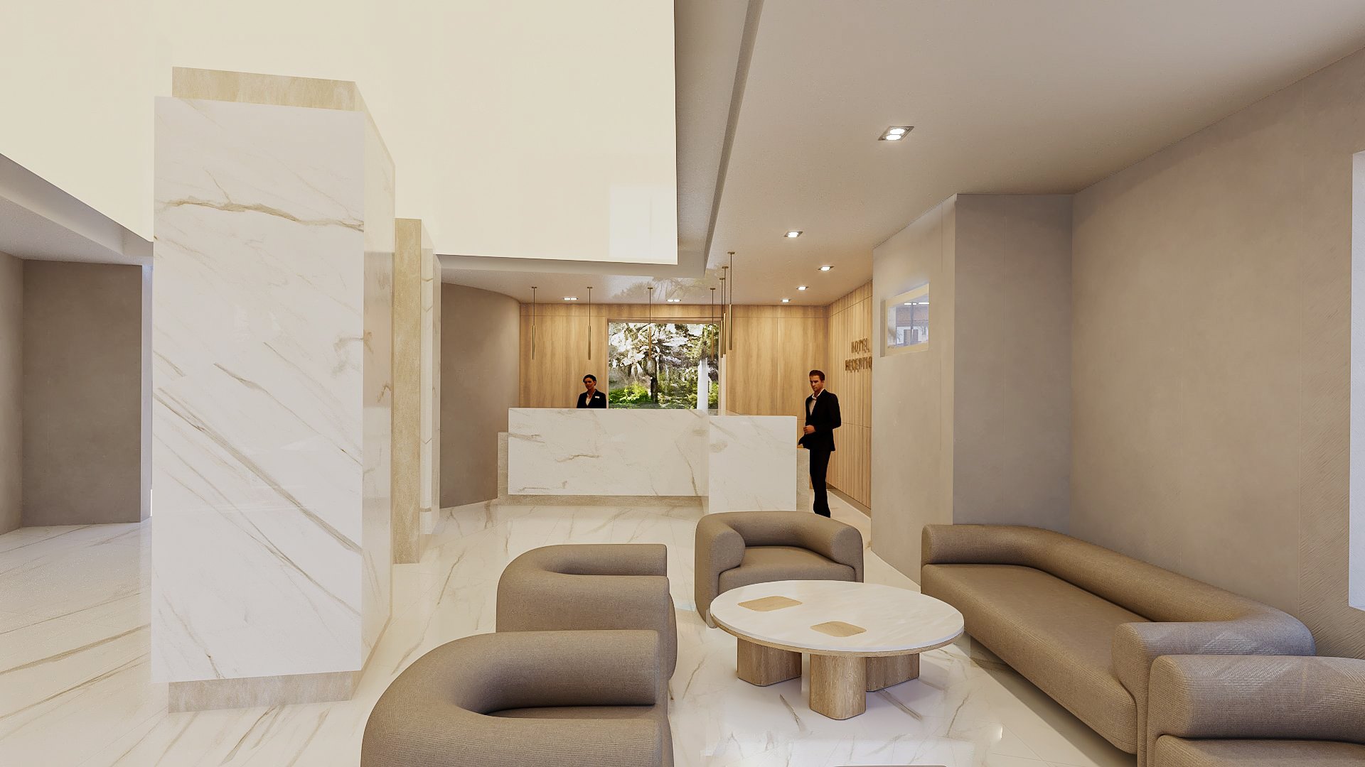 Restaurant Rupite — the marble reception counter with curved lounge seating