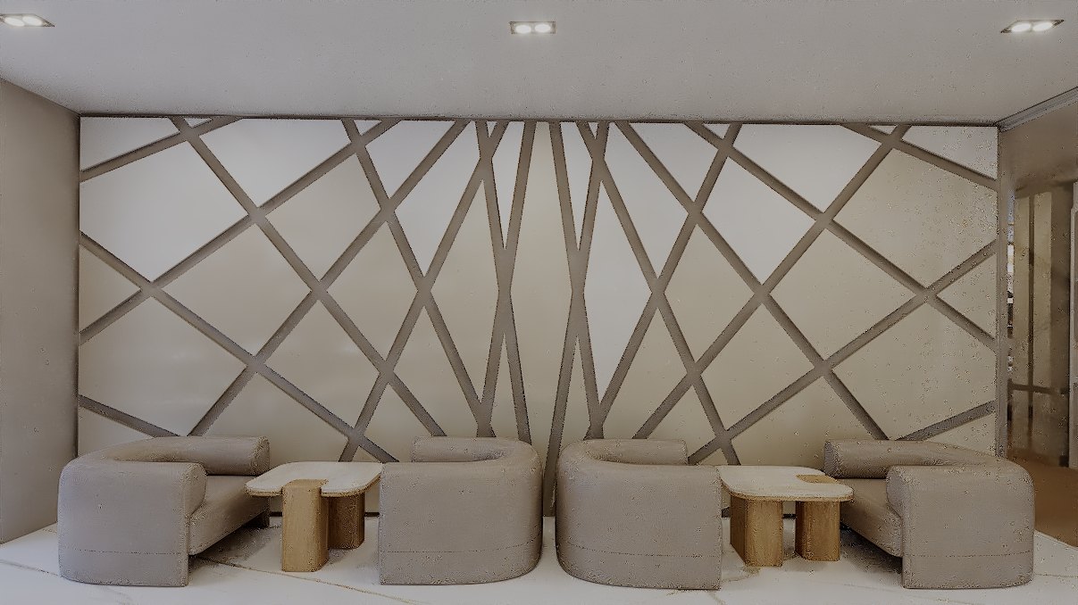 Restaurant Rupite — the lounge alcove set behind the lattice relief wall