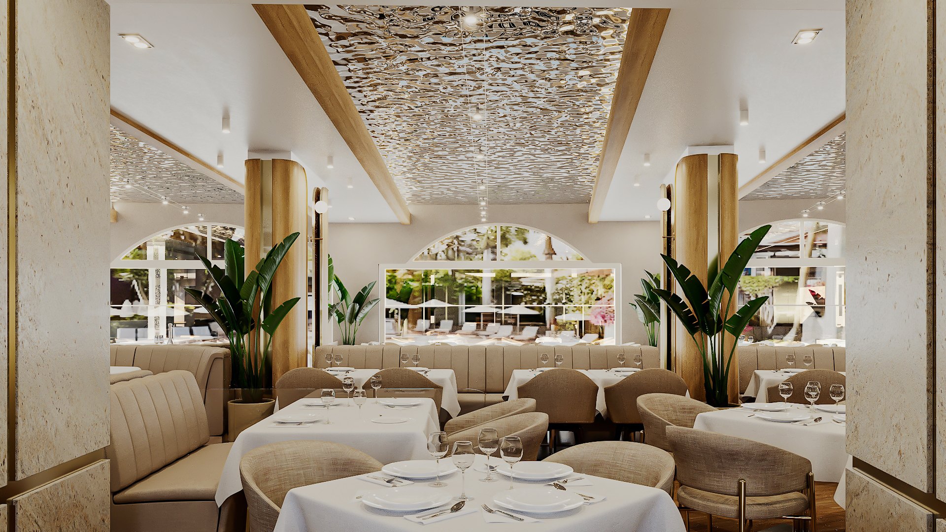 Restaurant Rupite — dining beneath the textured relief ceiling, arched windows to the garden