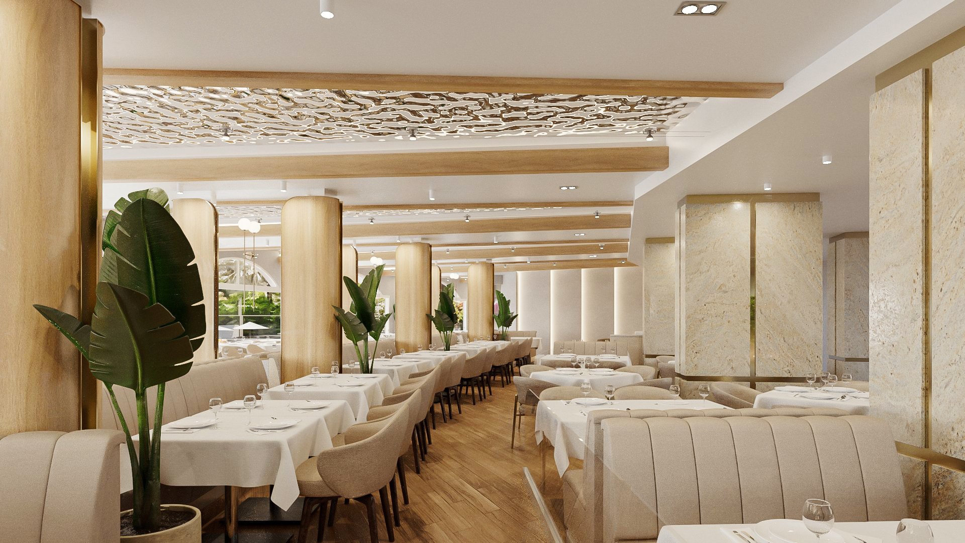 Restaurant Rupite — the dining hall from the far end, oak columns and exposed beams
