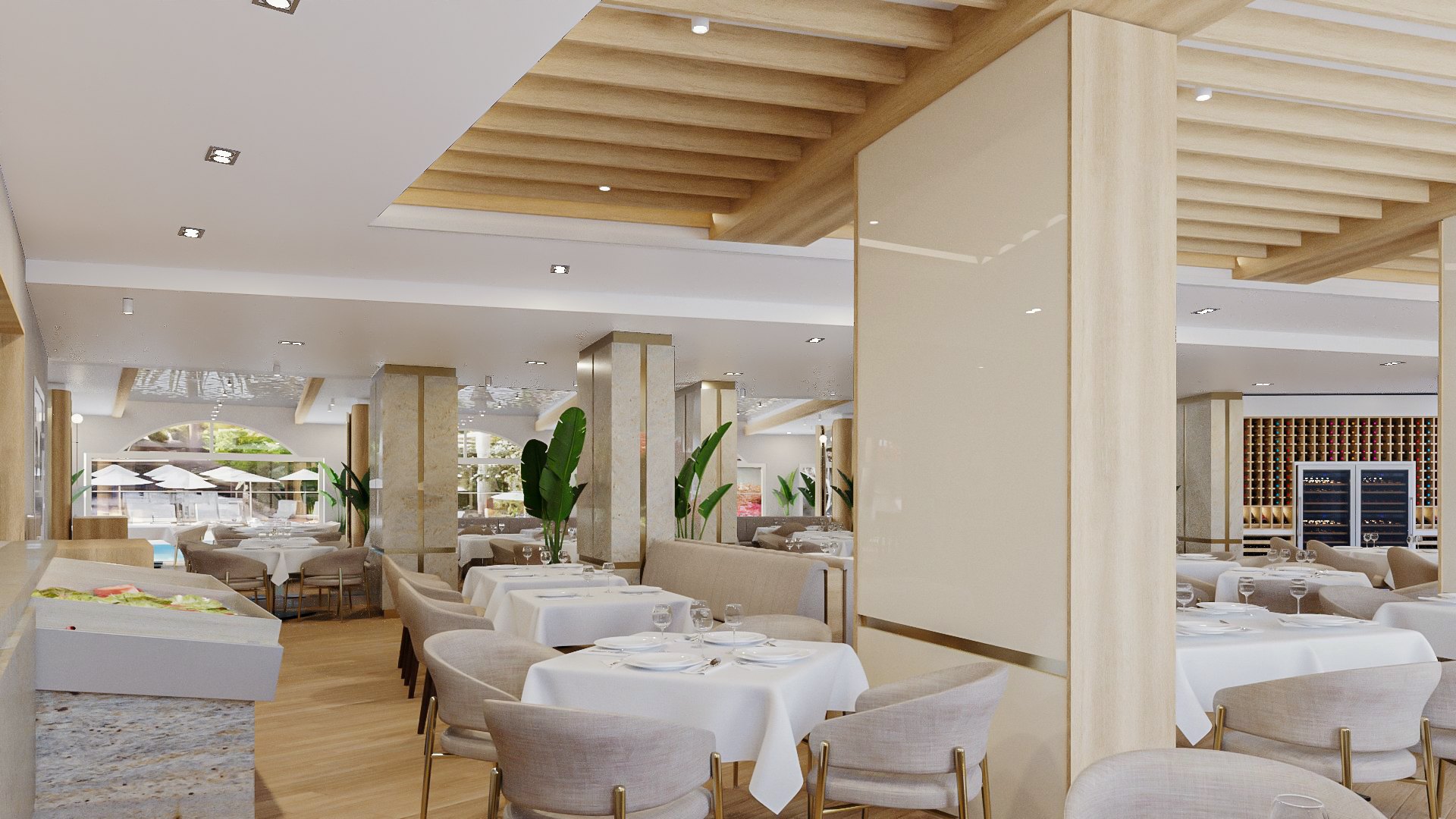 Restaurant Rupite — tables set beside the glazing, the pool terrace and parasols beyond
