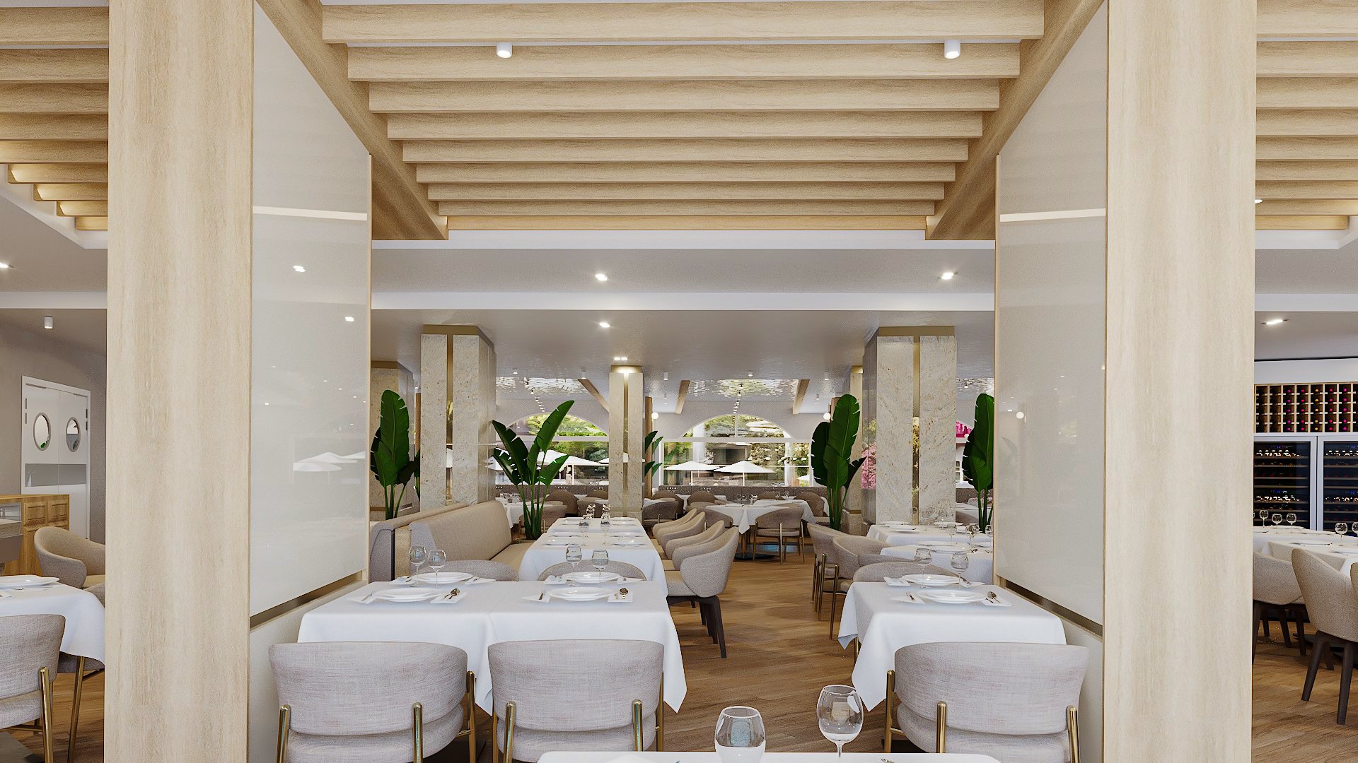 Restaurant Rupite — looking through into the dining room, the wine display to one side