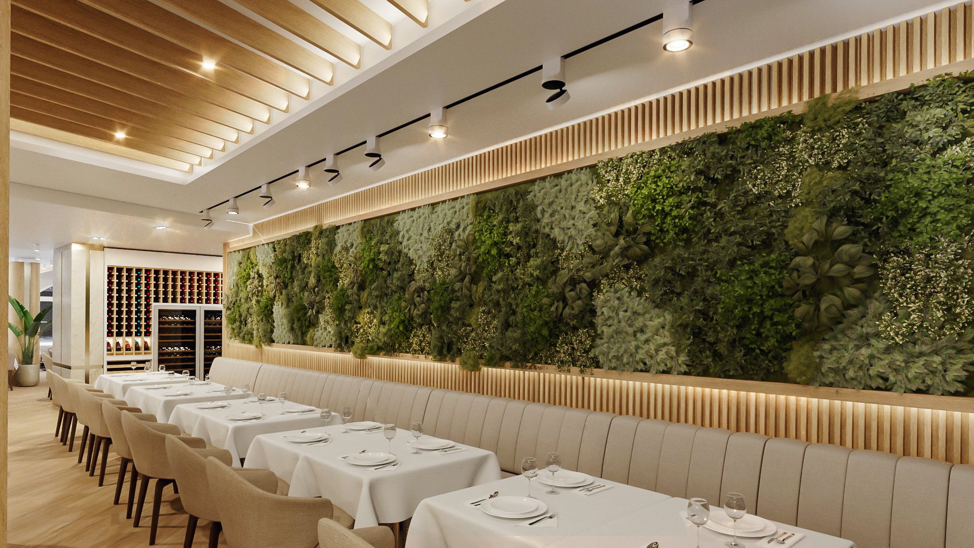 Restaurant Rupite — the long banquette against the preserved moss wall, wine cabinets alongside