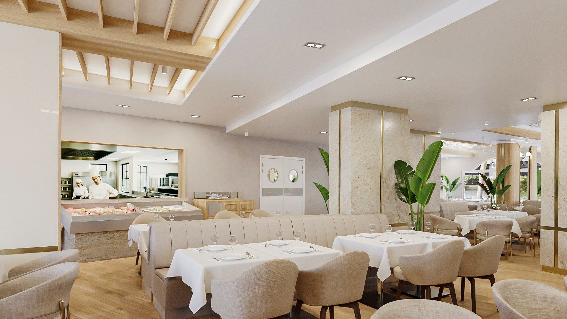 Restaurant Rupite — the open kitchen counter seen from the dining room