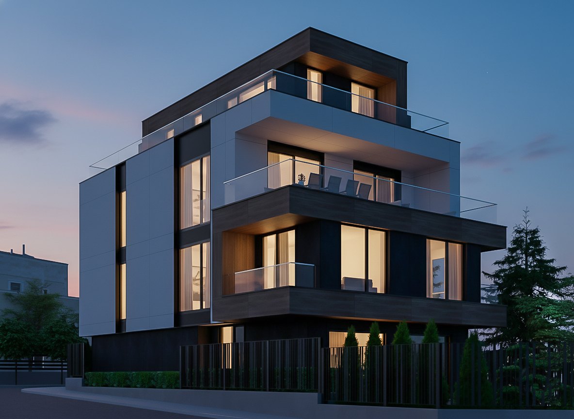 Four homes over three floors and an attic, with 41% of the plot landscaped.