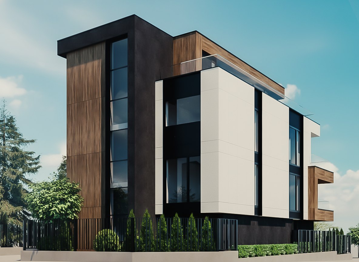Vitosha Residence — the street corner in daylight, timber cladding against the dark and light bands