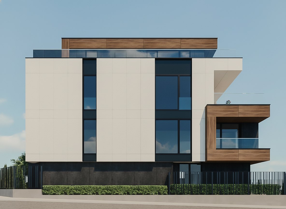 Vitosha Residence — the front elevation, large-format porcelain panels and the projecting timber-lined balcony
