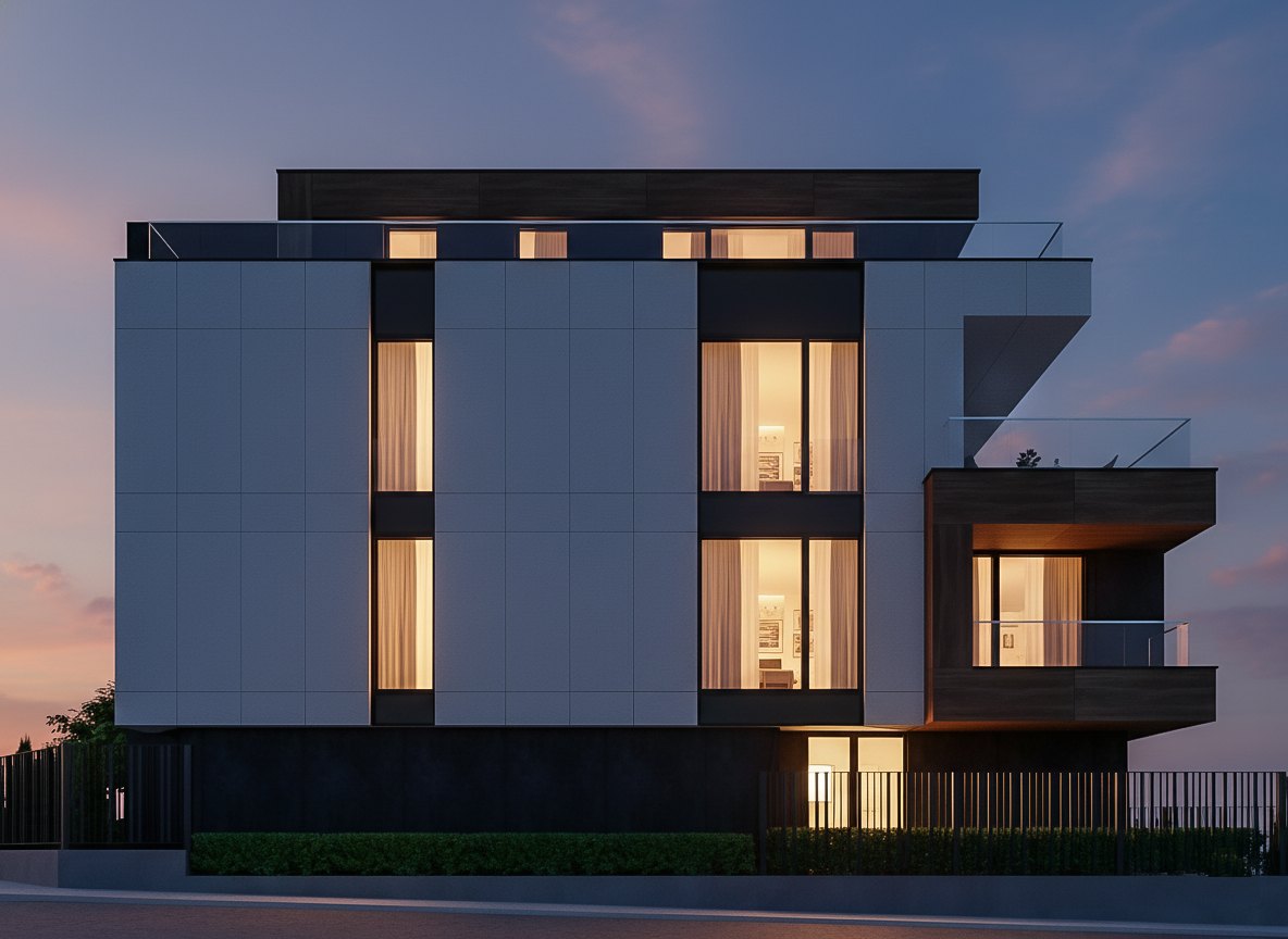 Vitosha Residence — the same elevation after dark, the windows and balcony soffits lit