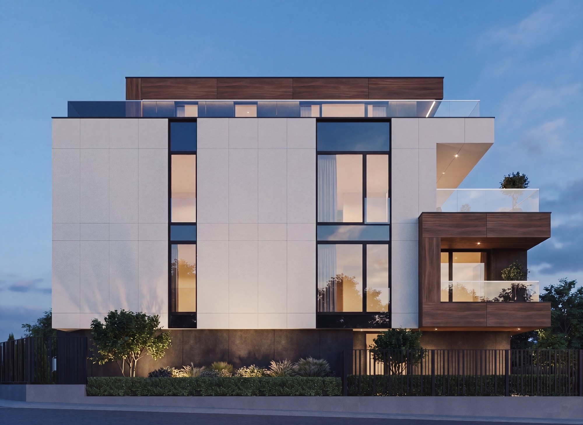 Vitosha Residence — the building seen from the street behind its planted boundary