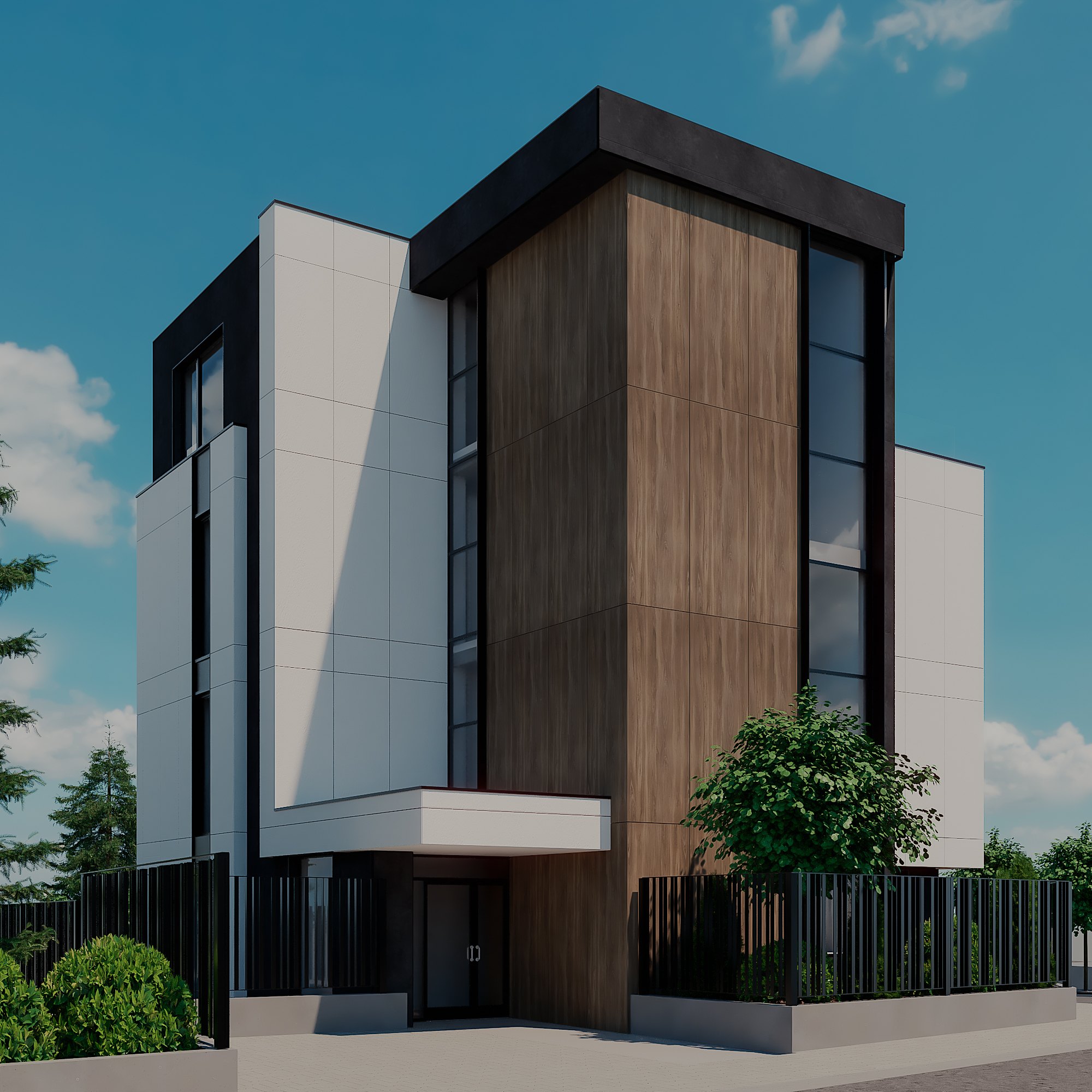 Vitosha Residence — the entrance corner, canopy and timber-clad flank wall