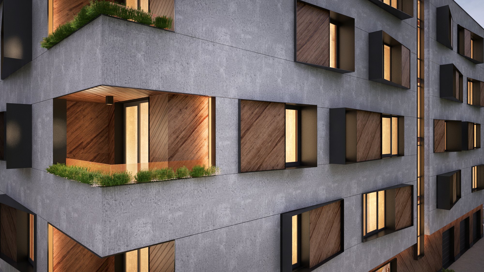 NTK house II — a timber-lined recess with its planting box, lit from within
