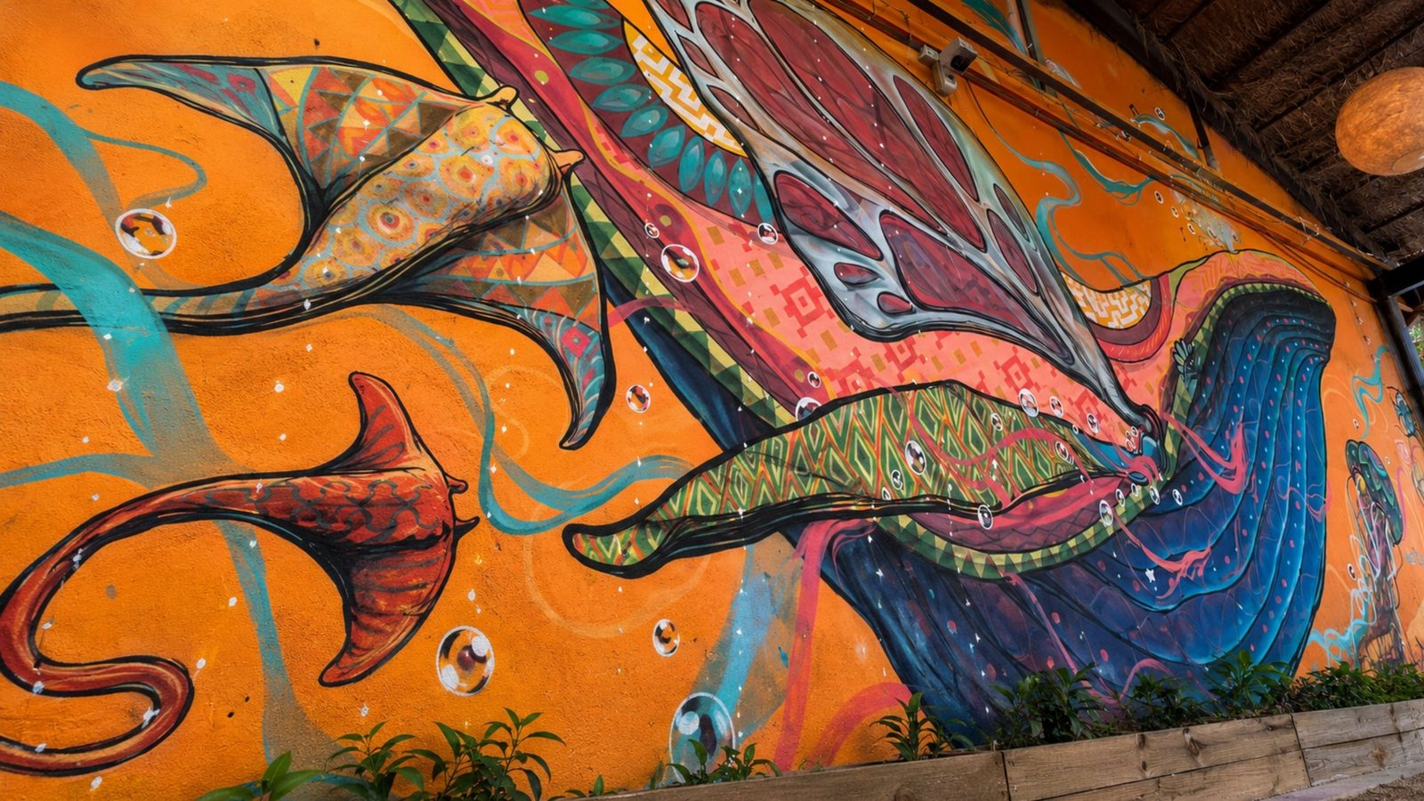 Mural de la ballena pintado a mano en el patio de Zitla Playa, Playa del Carmen