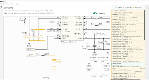 Schematic changes generated with AllSpice's diff tool.