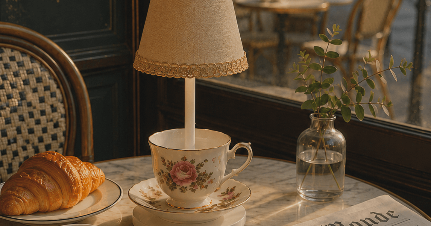 Lamp on table with croissant