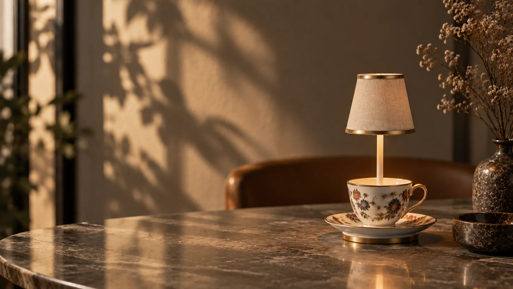 Decorative table lamp shaped like a floral teacup with a small lampshade on a round marble table with shadow patterns on the wall and dried flowers in a vase.