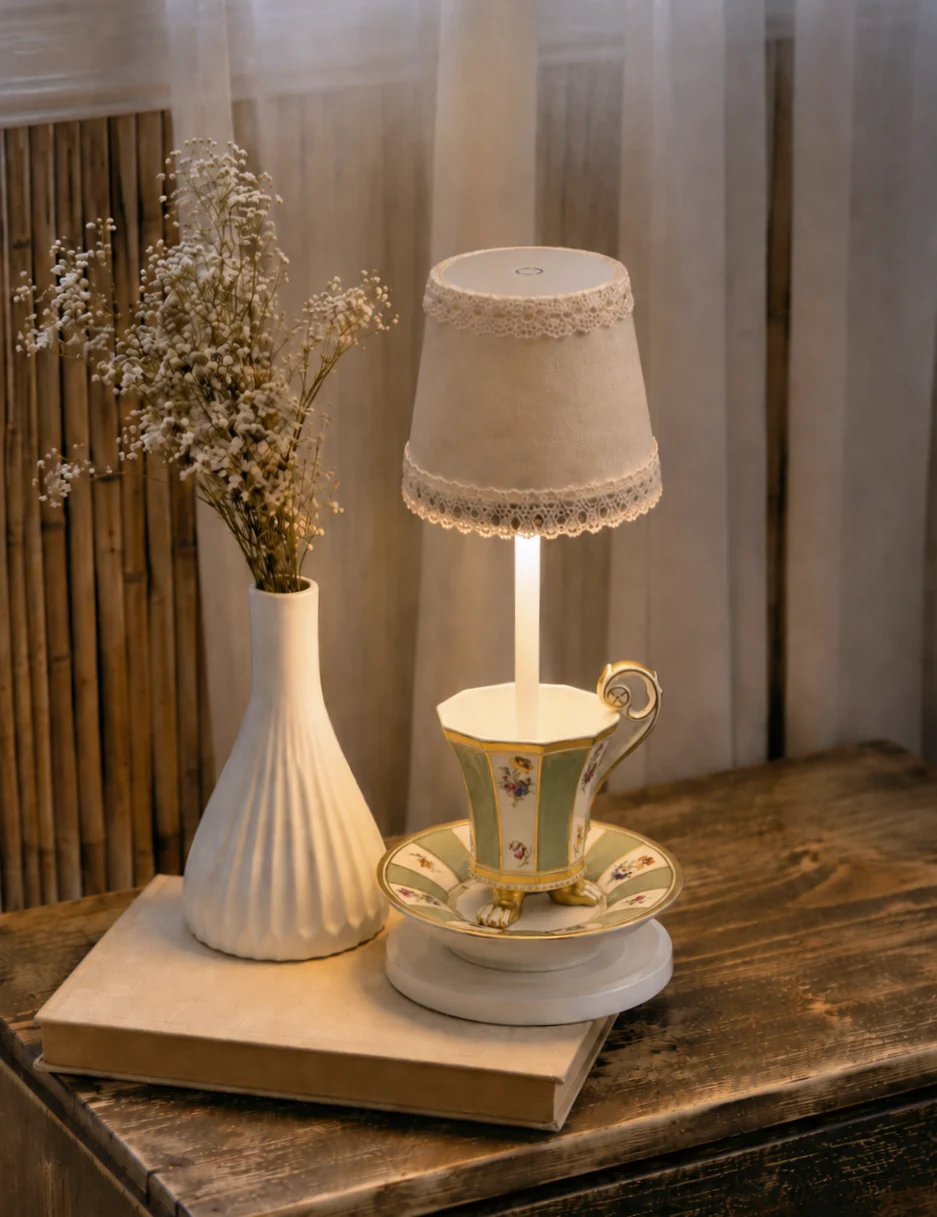 Small decorative table lamp designed like a vintage teacup with a green and floral pattern and a lace-trimmed beige lampshade, placed on a book next to a white vase with dried flowers on a wooden surface.