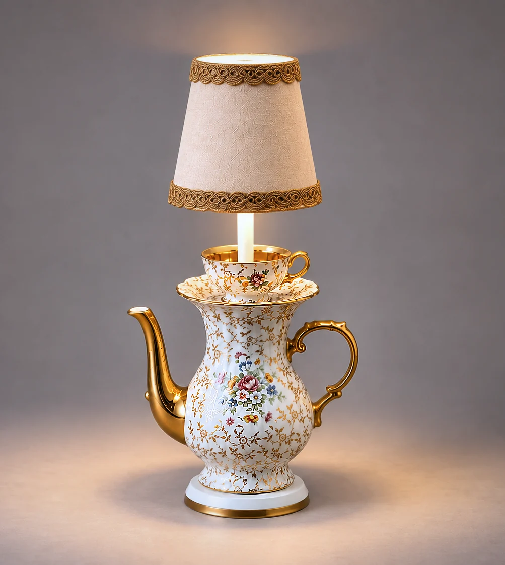 Lit table lamp shaped like a vintage teacup and saucer with a beige fabric lampshade, placed on an outdoor stone table at night with a blurred background of flowers and a balcony.