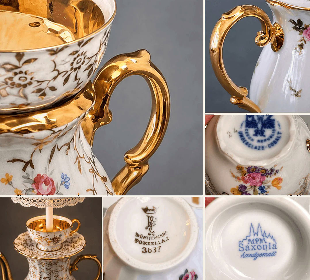 Close-up collage of ornate porcelain tea set pieces with gold handles and floral patterns, showing detailed handles, floral decorations, and maker's marks including 'Württemberg Porzellan 3637', 'MPM Saxonia handgemalt', and another blue mark with floral design.