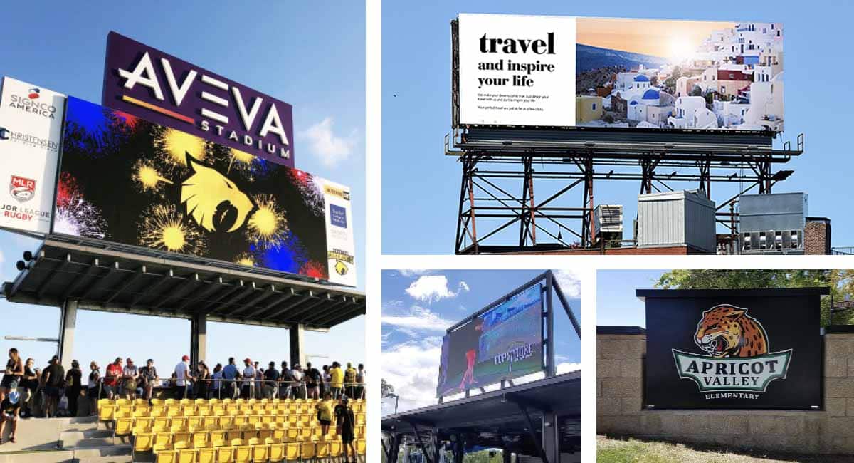Collage of examples of outdoor led screens, including a stadium screen, digital billboard, business screen, and monument sign