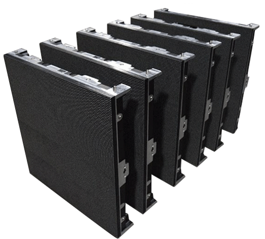 Five black LED display panels arranged side by side on a white background.