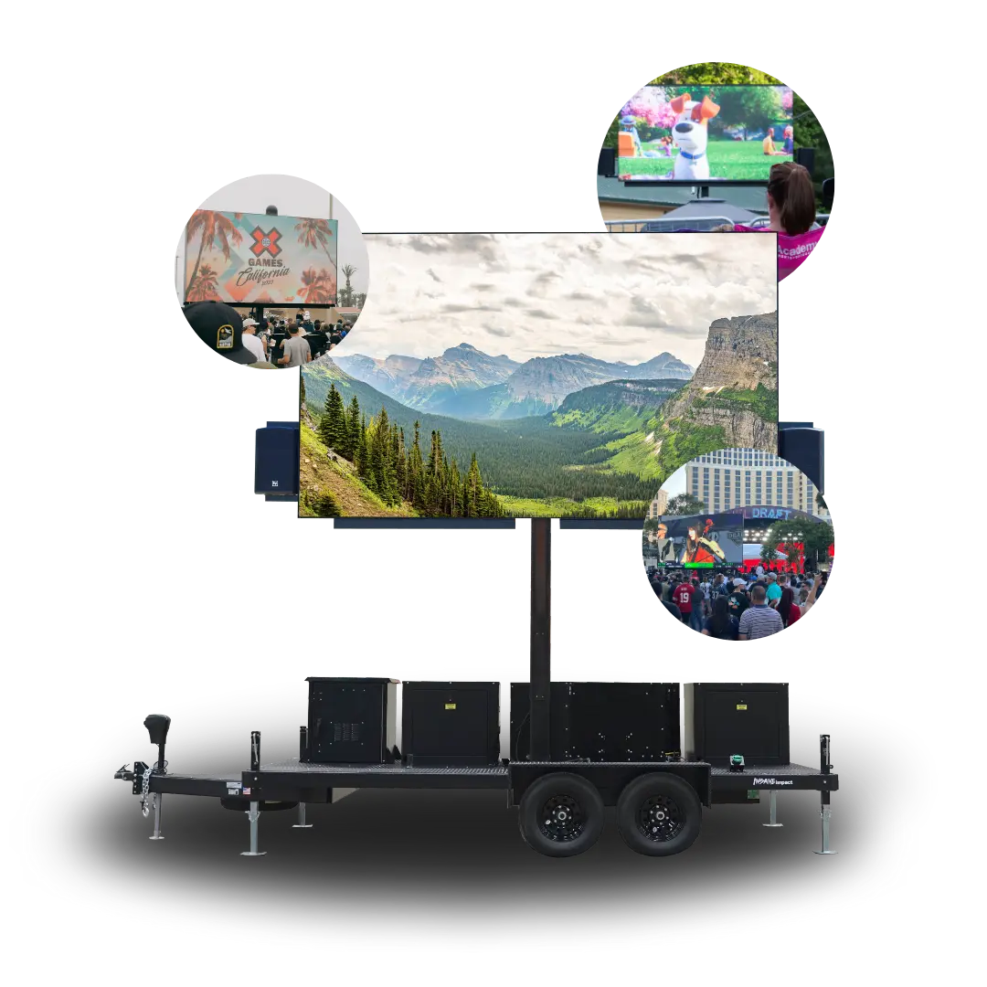 Mobile LED trailer screen displaying mountain landscape with inserts of events and movie scenes on black background.