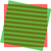 Overlapping tilted squares with alternating red and green vertical lines creating a moiré pattern.