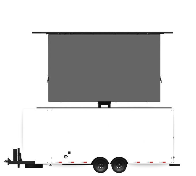White mobile trailer with dual axles and an extended black projection screen above it.