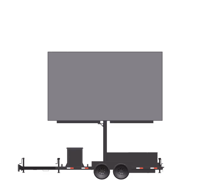 Black trailer with two wheels and a large blank rectangular sign mounted above it.