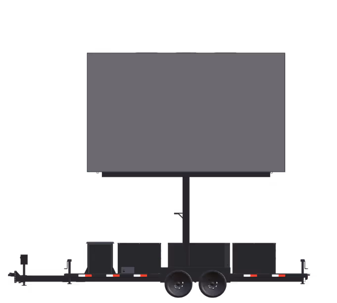 Mobile trailer with large blank digital billboard screen on top and two wheels at the bottom.