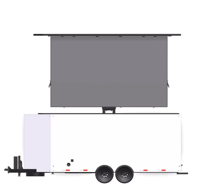 White mobile trailer with two black wheels and a large gray projection screen extended above it.