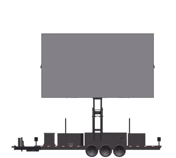 Portable outdoor LED display screen mounted on a trailer with three wheels and support structures.