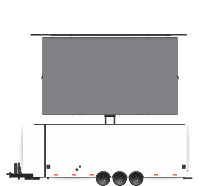White trailer with a large black projection screen extended above it, three wheels visible on the side.
