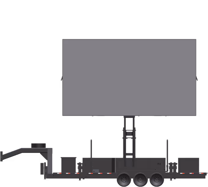 Mobile billboard trailer with large blank digital screen raised above the trailer base on three wheels.