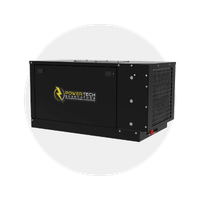 Black portable generator with Power Tech logo, ventilation on the side, and control panel in a circular frame.