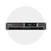 Black rack-mounted network device with display screen and buttons on front panel.