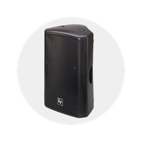 Black rectangular speaker with a mesh front and handles on sides, shown on white background.