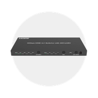 Black HDMI switch device with multiple ports and LED indicators on front panel.