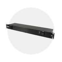 Black rack-mounted power conditioner with power switch and indicator light.