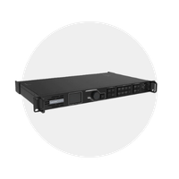 Black rackmount audio or video equipment with buttons, display, and control knob on the front panel.