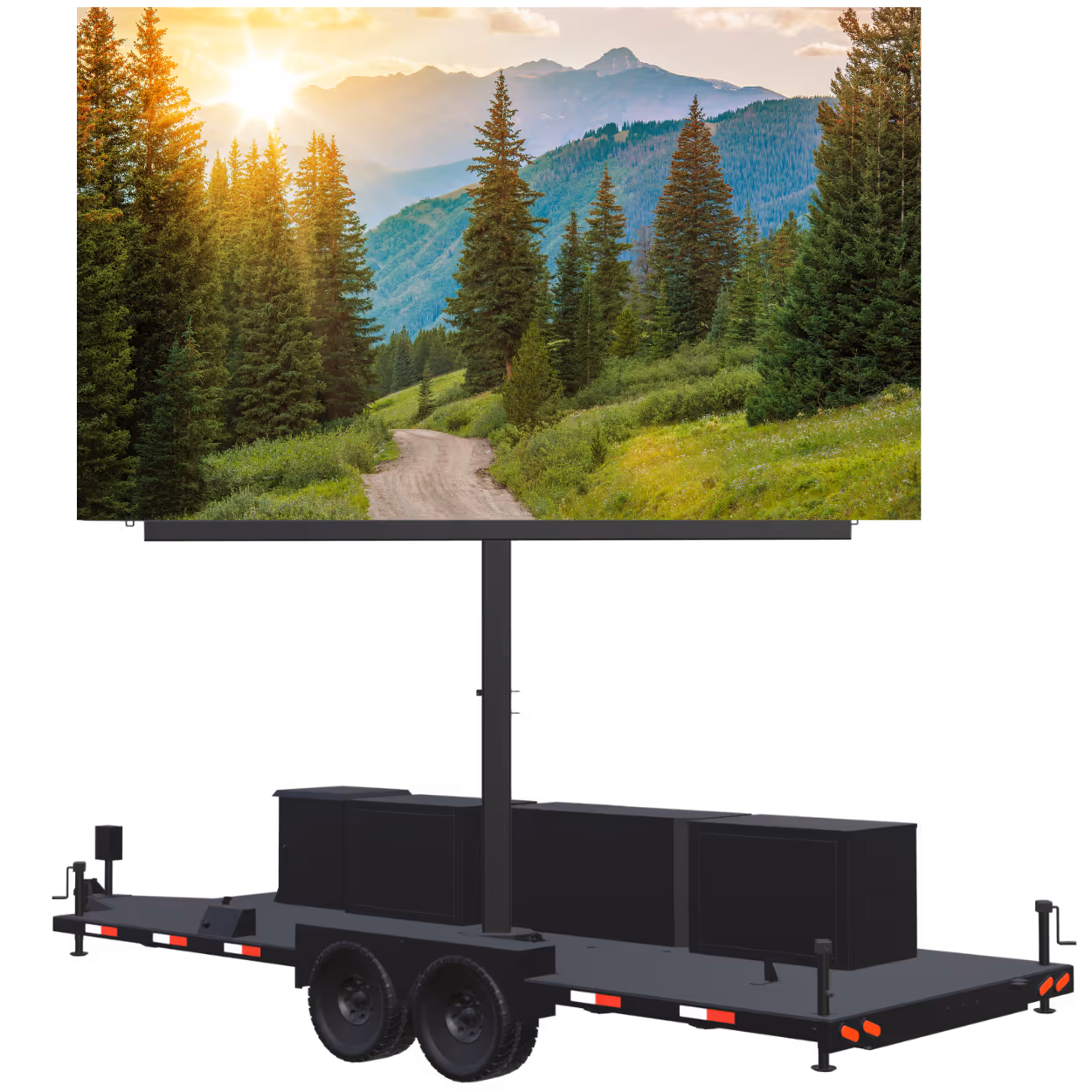 Large digital display mounted on a black trailer showing a scenic forest pathway with mountains and sunlight.