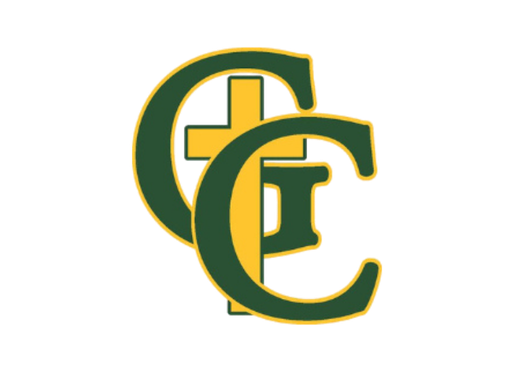 G overlapping C letters with a gold cross behind them in green and gold colors.