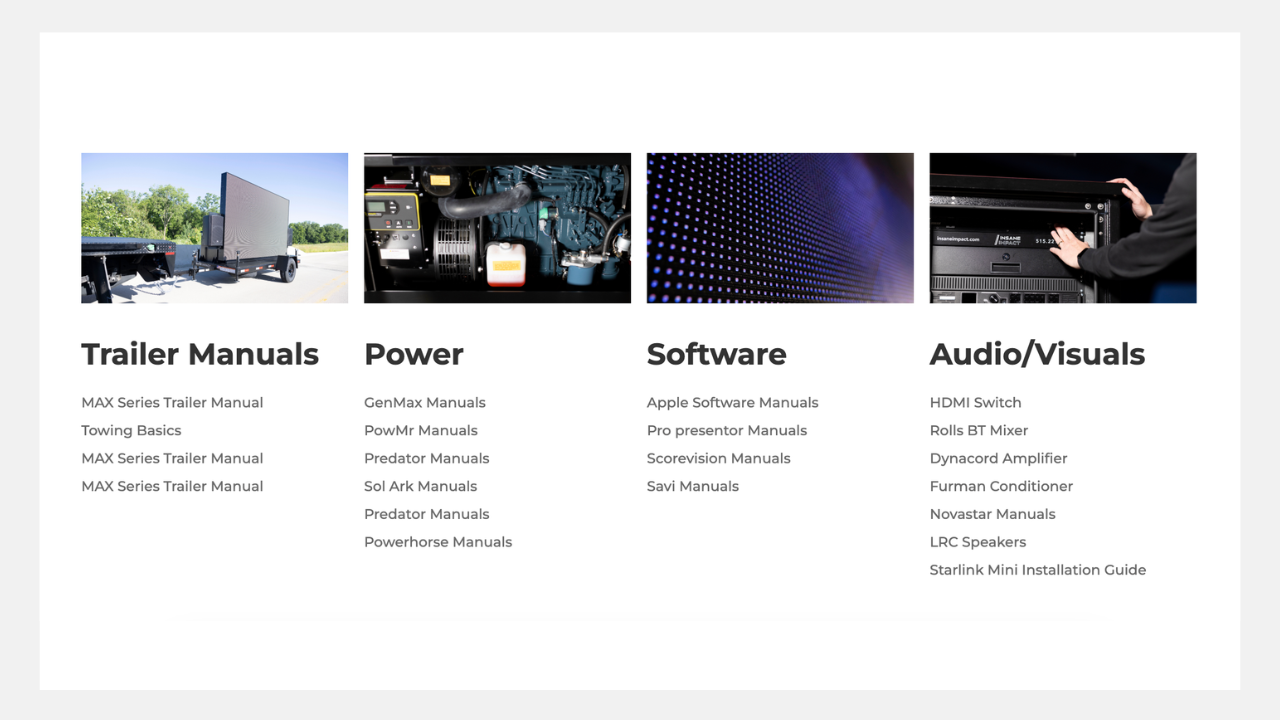 Four columns of manuals and guides: Trailer Manuals, Power, Software, and Audio/Visuals with related images above.